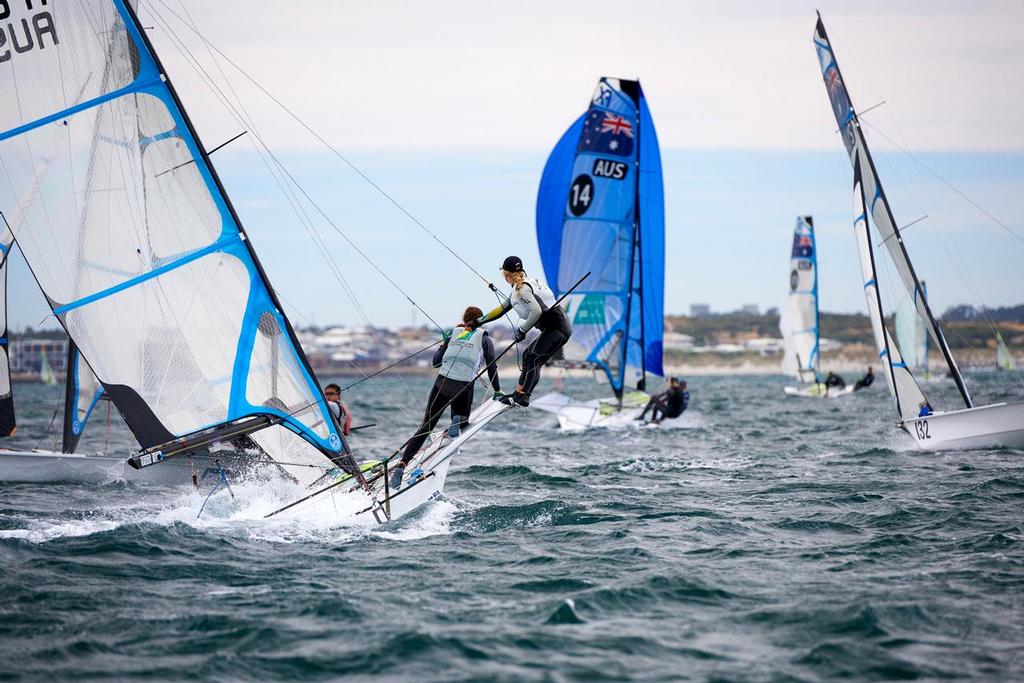 49erFX battle at the bear-away in strong conditions - 2014-15 Zhik Australian 9er Championships © David Price